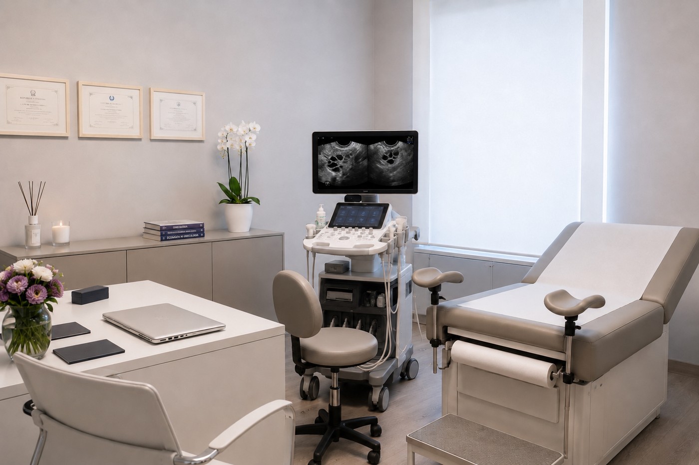 Studio della Dr.ssa Elisa Piccoli con ecografo, lettino ginecologico e diplomi